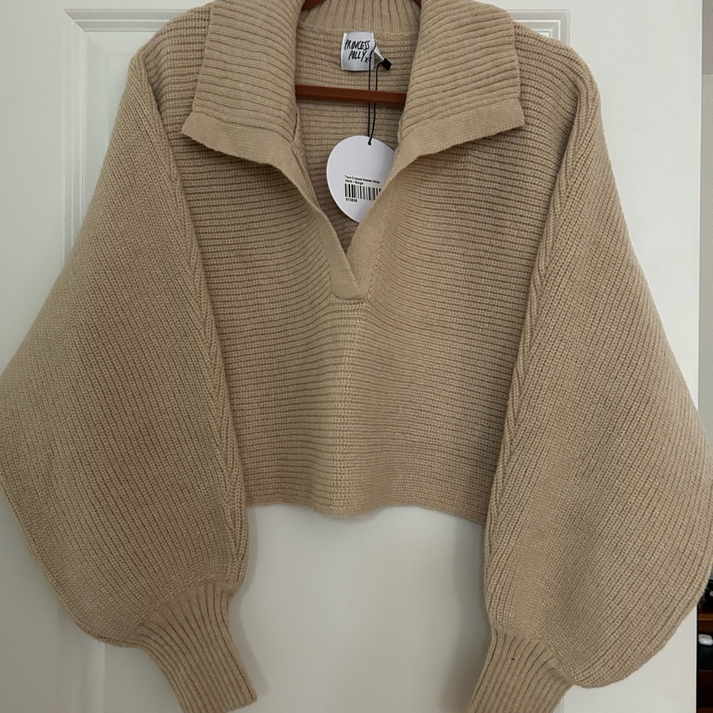 Princess Polly Tiara Cropped Beige Knit Sweater with Balloon Sleeves